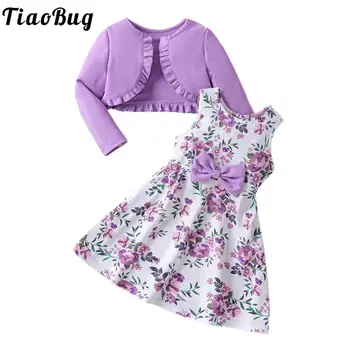 Kids Toddlers Girls Spring Dress Sleeveless Floral Print Sundress with Long Sleeve Ruffle Cardigan Coat Birthday Party Outfits