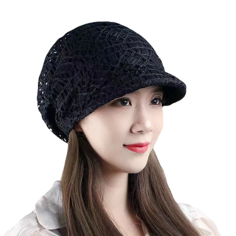 Casual Soft Beanies Cap Short Brim Bonnets for Women Loose Crochet Women Baseball Cap Autumn Winter Foldable Earflap Hats Hollow 2