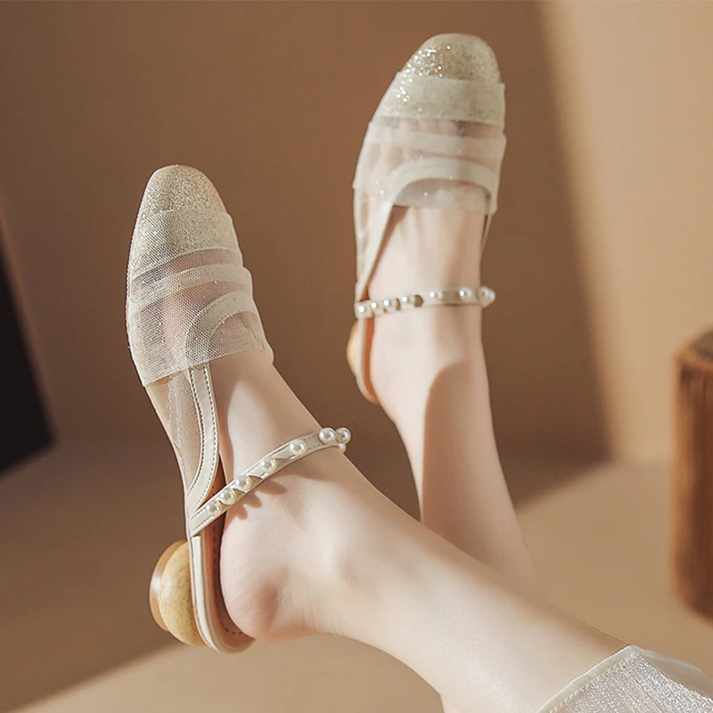 

Женские сетчатые шлепанцы, туфли на среднем каблуке с жемчугом, сандалии с ремешком на пятке, сланцы, пляжные классические туфли, удобная женская обувь, лето 2024