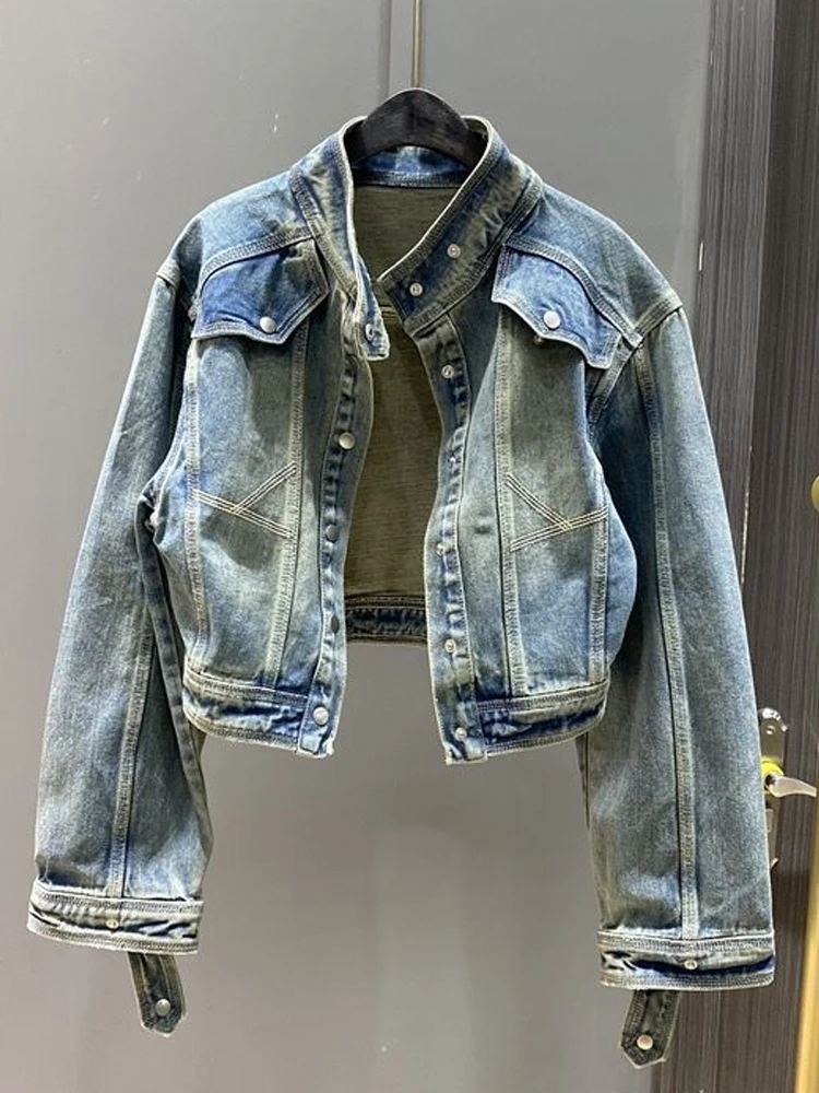Chaqueta Vaquera De Otoño Para Mujer Con Solapa De Calle Alta, Azul/claro