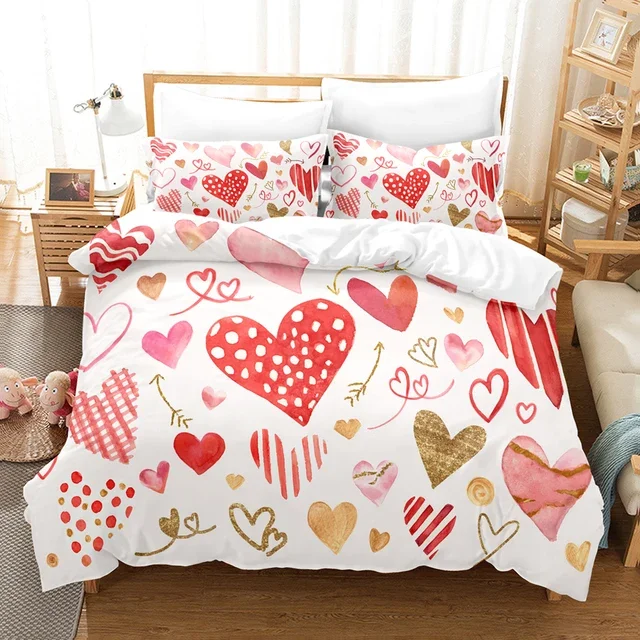 Pink Love Heart Bedding Set Duvet Cover Quilt Cover Girls Room Cute Sweets Comforter King Queen Double Twin Size Bed Line