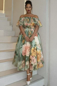 Plus Size Cocktail Party Sage Green Floral Off The Shoulder Ruffle Chiffon Maxi Dress A-Line Flowy Formal Dress for Women