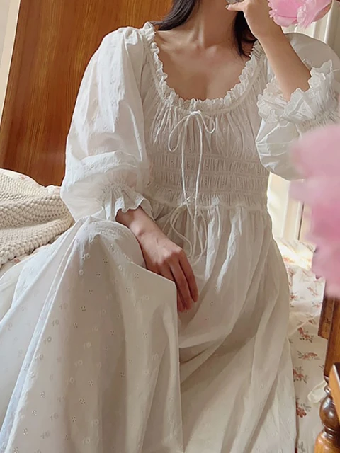 Women Pure Cotton Embroidery Languid U-Neck Ruffles Vintage Princess Night  Gown Fairy Nightdress Spring Summer