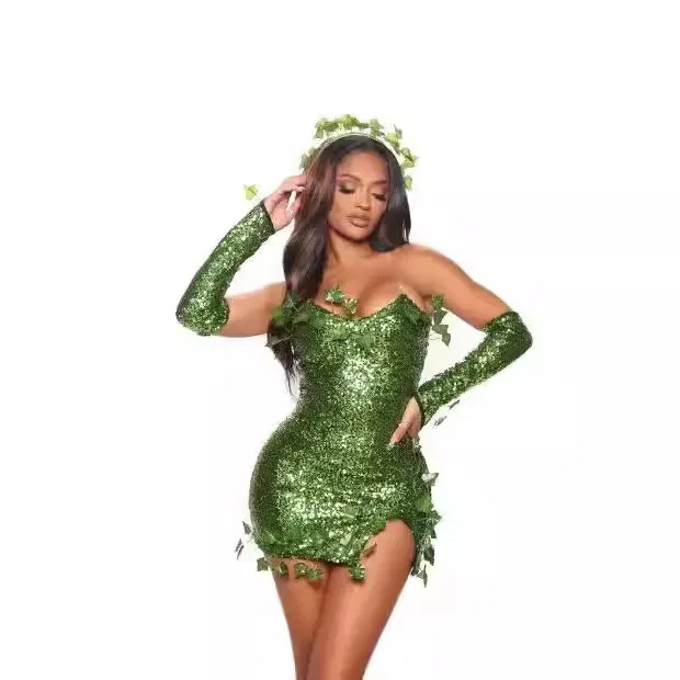 Sexy Halloween Costume Dress Sparkling Leaf Design Adult Dance Dress Mini Skirt V-Neck No Sleeve Polyester Fiber Empire Waist - Image 4