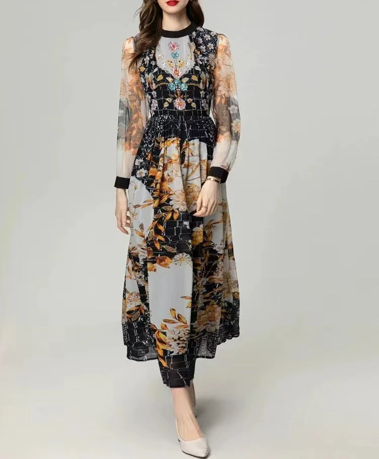 

2024 New High end Customized Luxury Chest Decoration, Contrast Retro Printing, Waist Closing, Slimming Long Sleeve Dress, Long D