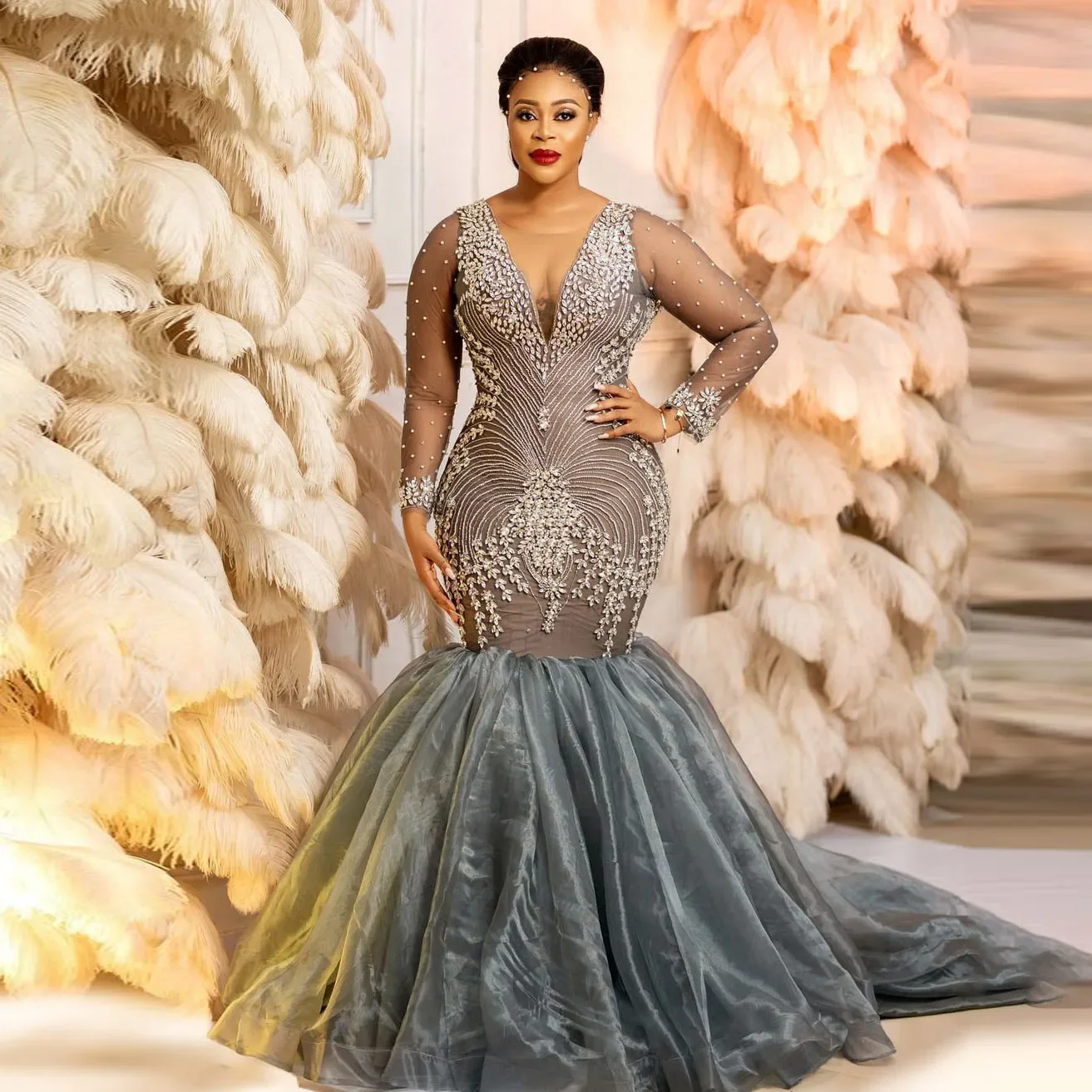 

Роскошные вечерние платья с блестками в африканском стиле, элегантное прозрачное Тюлевое платье с длинным рукавом и оборками, юбка-годе