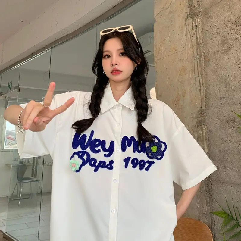 EBAIHUI Korean 3D Flower Embroidered Shirt Summer Loose Cute Women Short Sleeved Shirt Polo Collar Preppy Style Couple Dress