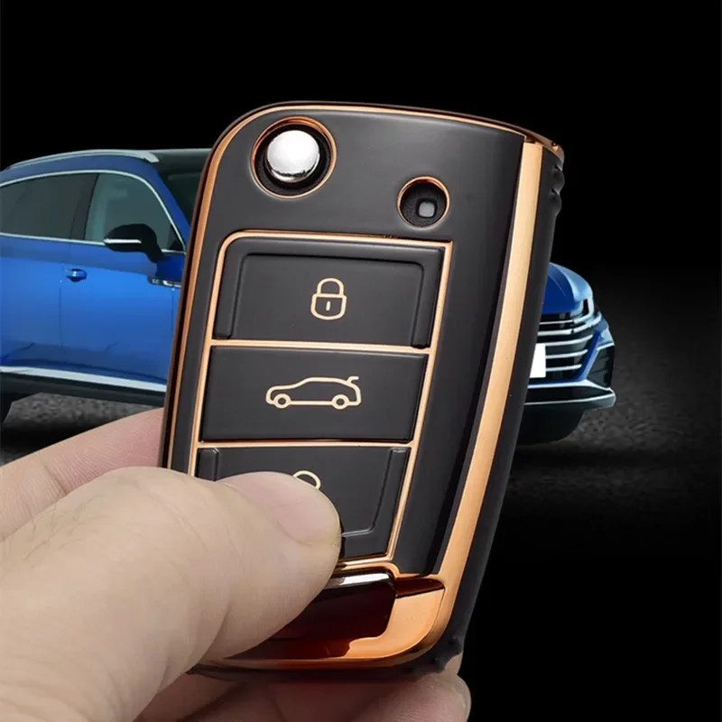 Key Case Gold Edge Car Key Case Full Cover Fob for VW Volkswagen Golf 7 MK7 Tiguan MK2 for SEAT Ateca Leon FR 2 Ibiza Skoda Octavia