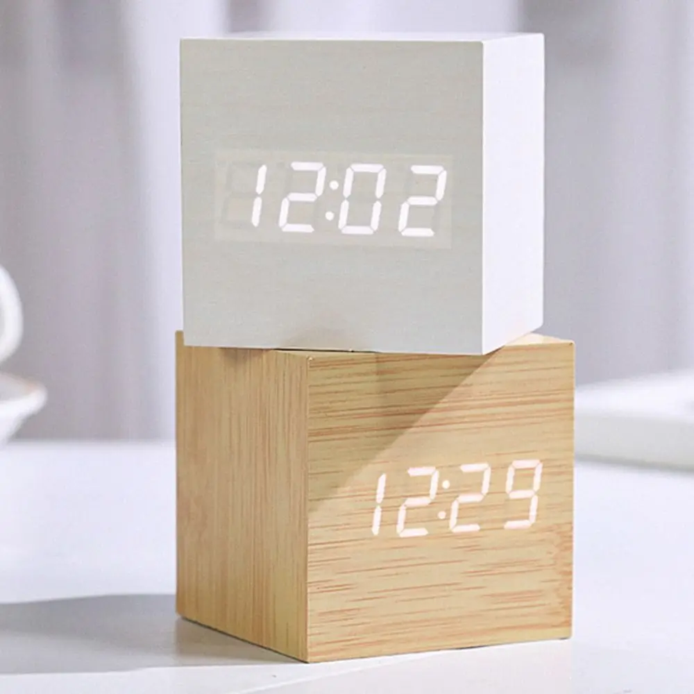 Voice Control Square Digital LED Alarm Clock Retro USB/AAA Powered Glow Clock Wood Multifunctional Desk Clock Gift 4