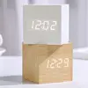 Voice Control Square Digital LED Alarm Clock Retro USB/AAA Powered Glow Clock Wood Multifunctional Desk Clock Gift 4
