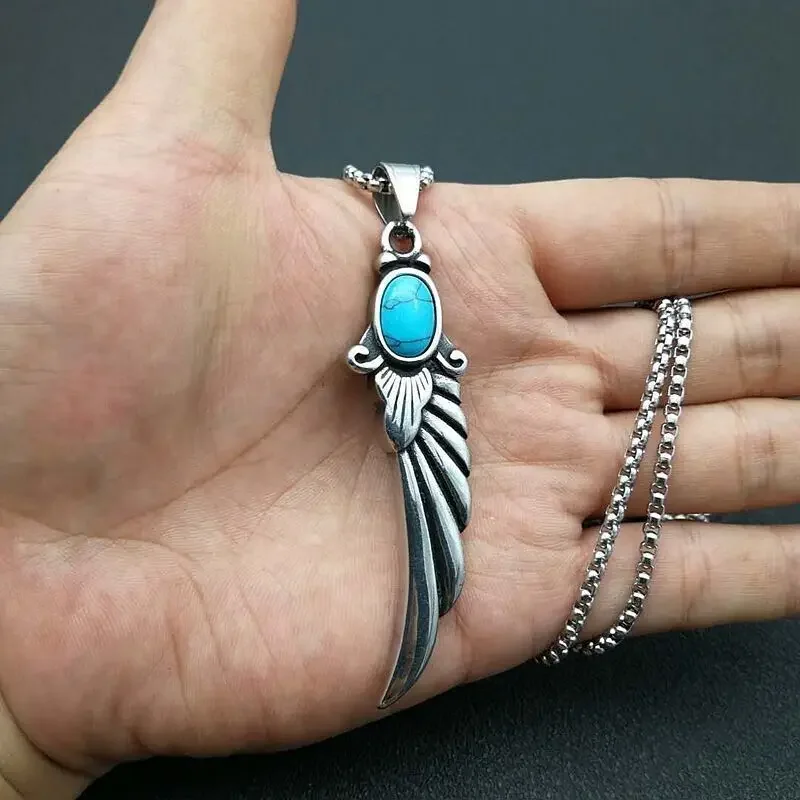

Men's Retro Angel Wings Charm Turquoise Pendant Stainless Steel Chain Necklace