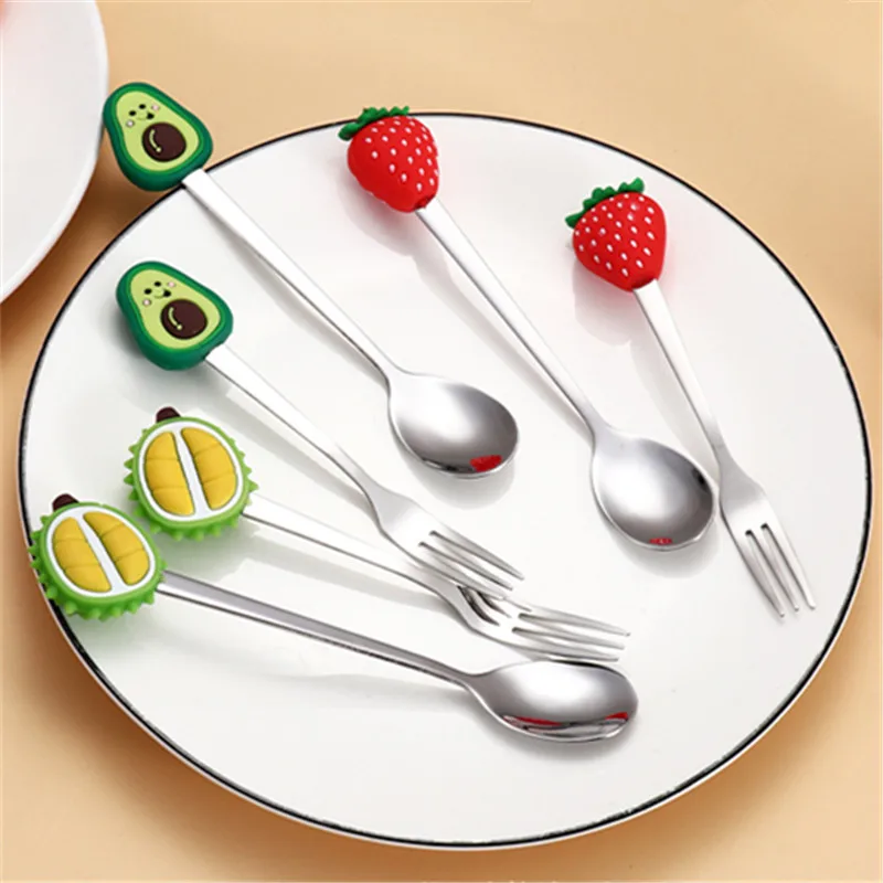 Stainless Steel Fruit Shaped Coffee Spoons Fruit Dessert Spoon Fork Candy Tea Spoon Drink Tableware Kitchen Supplies 7Pcs stainless steel spoon