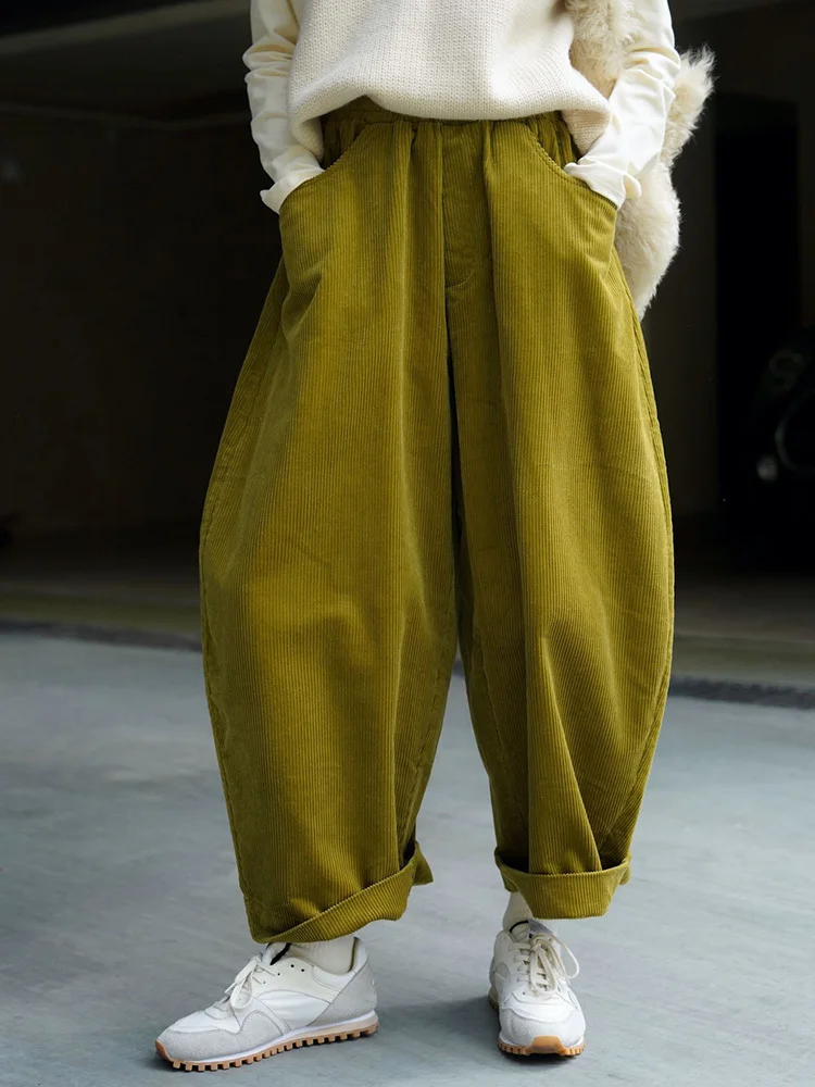 [EAM] High Elastic Waist Green Corduroy Wide Leg Pants New Loose Fit Trousers Women Fashion Tide Spring Autumn 2026 1DF21930