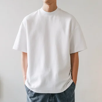 남성용 스몰 넥 티셔츠, 면 단색, 남성 반팔 티셔츠, 루즈 보터밍 셔츠, 캐주얼 티셔츠, 용수철 여름, 350gsm