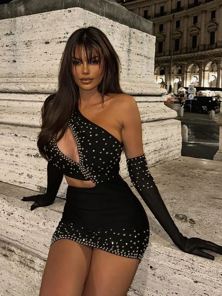 

Ailigou 2023 женское сексуальное открытое облегающее Черное мини-платье с бусинами и косым плечом элегантное платье знаменитости