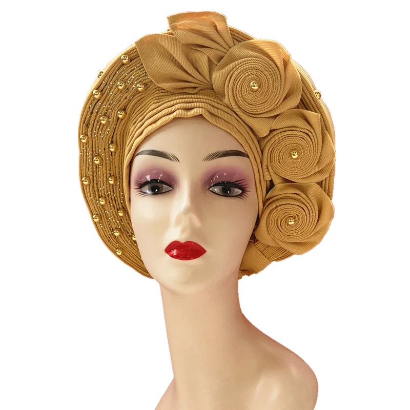 

Nigerian Already Made Gele Headtie Gold Aso Oke Gele With Gold Beads Auto Gele Aso Ebi Headtie African Turban Cap For Women