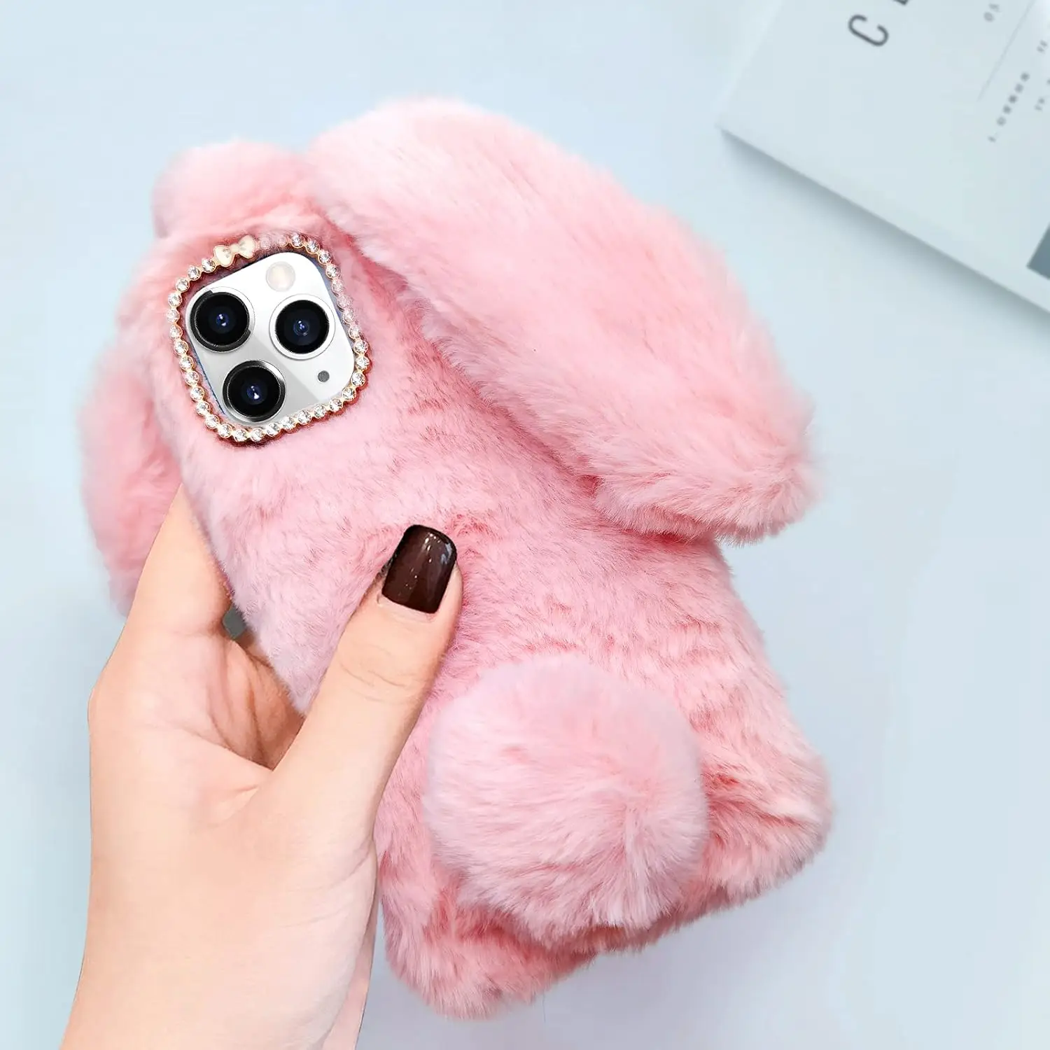 3D Rabbit Plush Case for iPhone 16 Pro Max Luxury Cute Warm Bunny Furry Soft 3D Long Ear Hair Plush Rabbit Case Cover for Grils