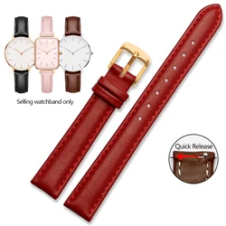 Elegant Quick Release Leather Watch Strap - Soft Cowhide Bracelet - 16mm - width (Red - gold)