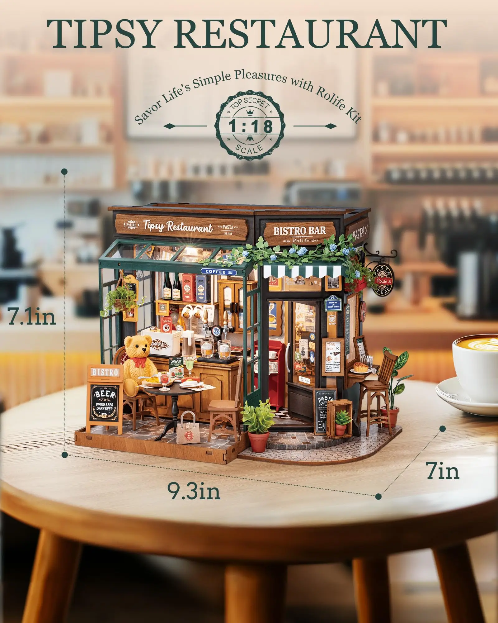 Robotime Rolife Tipsy Restaurant Miniature Dollhouse 3D Wooden Puzzle Bistro Bar Design Gifts for Family Home Decoration Toys