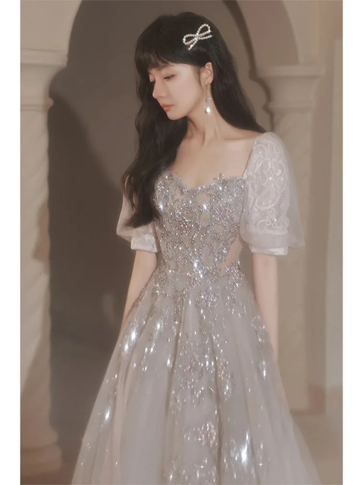 

Shiny Gary Bridesmaid Dress Lantern Half Sleeve Tulle Lace Appliques Beads A-line Elegant Wedding Banquet Prom Evening Dress