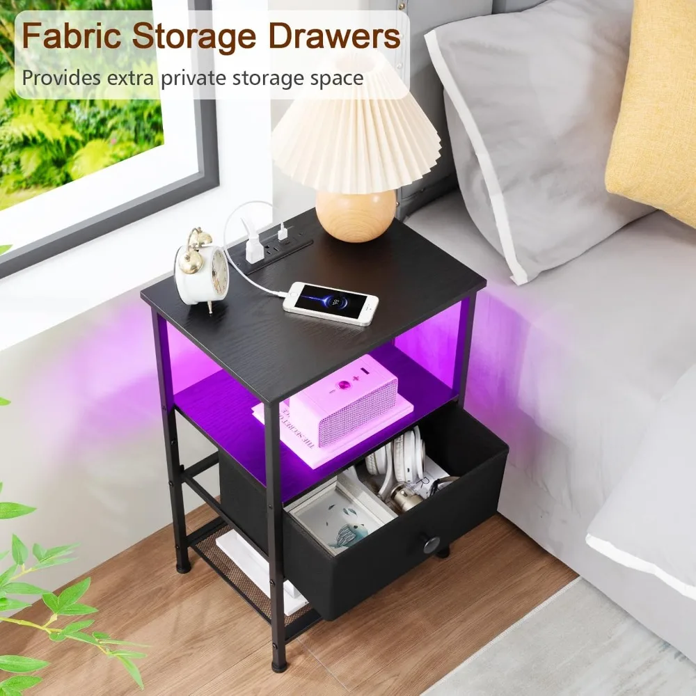 Night Stand Set 2, LED Nightstand w/Charging Station, End Tables Living Room w/Fabric Drawer, Small Side Tables for Bedroom 6
