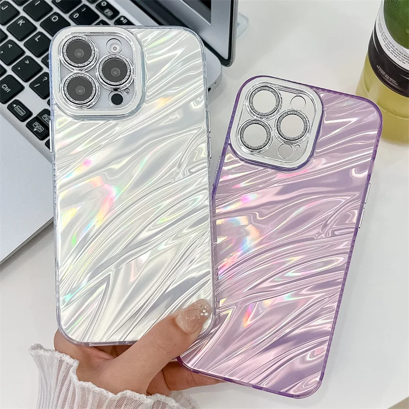 Capa de telefone de mármore com ondulação a laser para iPhone 16 Plus 15 14 13 Pro Max PC rígido com glitter e proteção de câmera à prova de choque_voghion.com