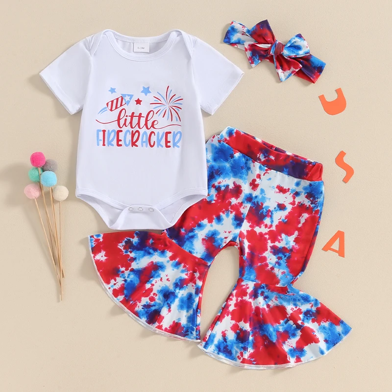 

4th Of July Baby Girl Clothes USA T-Shirt Romper Stars Stripes Flare Pants Infant Patriotic Outfits Set