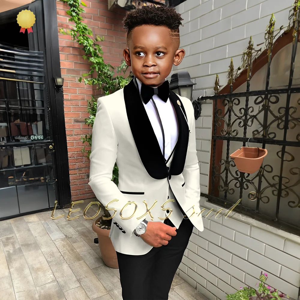 Boys' 3-piece black velvet collar suit set shawl collar jacket vest black trousers children's wedding party attire