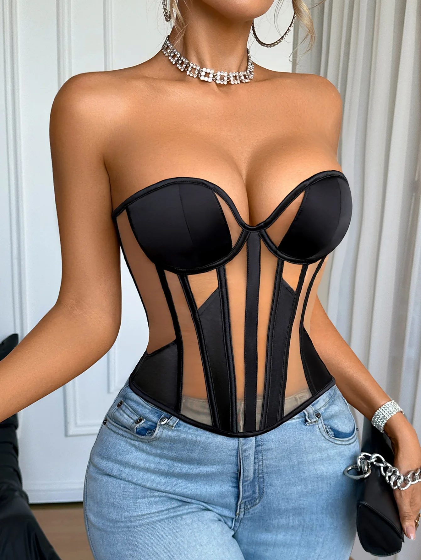 Damen Französisches Palast-Netz-Korsett Vintage Spitzen-Bustier mit Eingebauten Stäben Tiefer Ausschnitt Trägerloses Formgebendes Sexy Party Rave Dessous-Top – Detail 4