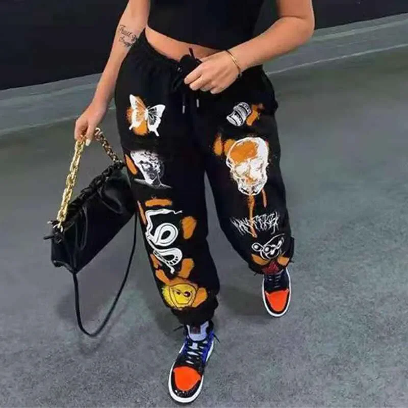 2024 Winter Women Sweatpants Joggers Y2K Harajuku Cartoon Skull Printed Streetwear Sweatpants Pants Casual High Waist Sweatpants