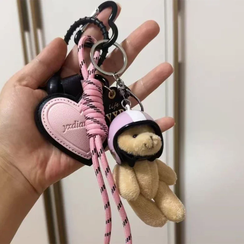 Cute Helmet Bear Pendant DIY Personality Car Key Chain Decoration Charm Woven Rope Hanging Mobile Phone Key Ring Bag Accessories