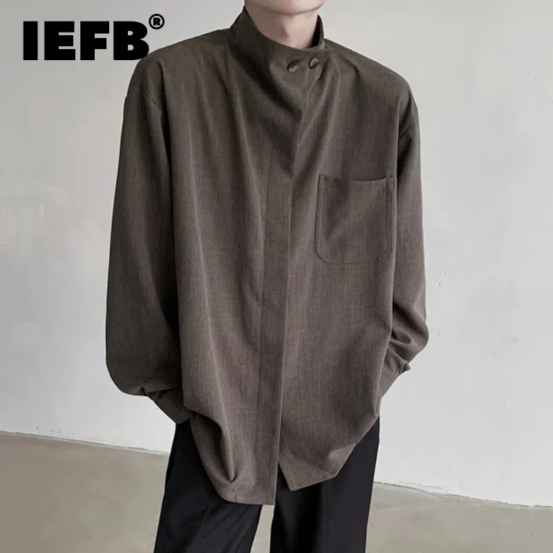 

IEFB New Korean Style Men's Shirt Stand Collar Long Sleeve 2024 Summer Fashion Niche Design Solid Color Casual Male Top 9C5866