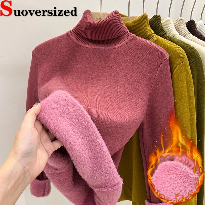 

Plush Lined Slim Turtleneck Sweater Winter Warm Knitted Jumper Casual Basic Long Sleeve Tops Women's Thicken Knitwears Sueter