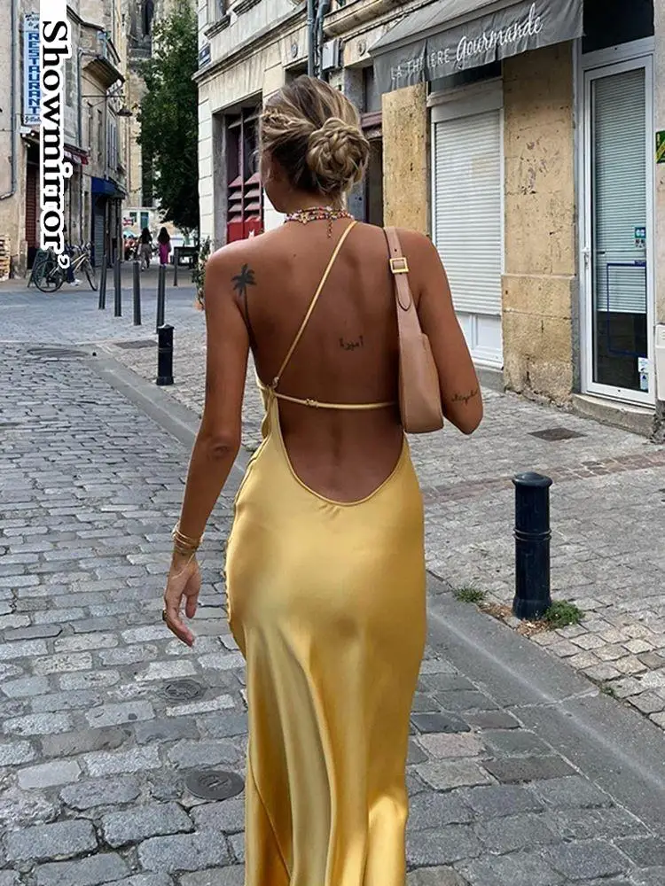 Showmirror Elegant Satin Draped Slit Maxi Dress for Women Sexy Sleeveless Backless Robe Slip Long Dress Party Club Clothes