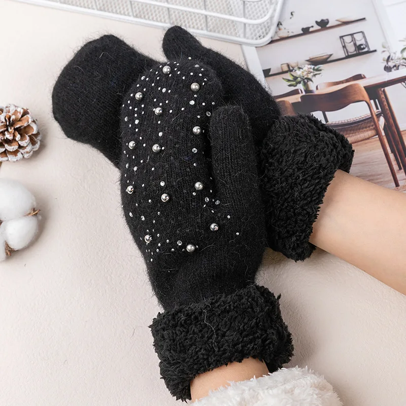 

1 Pair Cute Women's Gloves Lamb Fleece Beaded Winter Glove Full Inclusive Thickened Warm Women's Gloves Winter Accessories