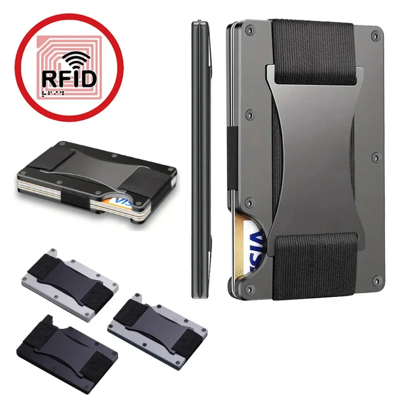 Slim RFID Protection Aluminum Card Holder Wallet with Elastic Back Pouch - Unisex Travel Purse
