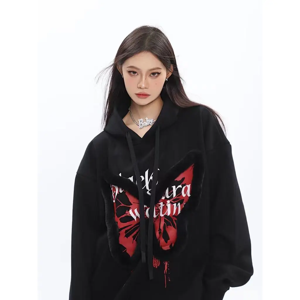 

Han edition new winter American retro plush butterfly printing easy to add flocking hooded popular logo fleece jacket female