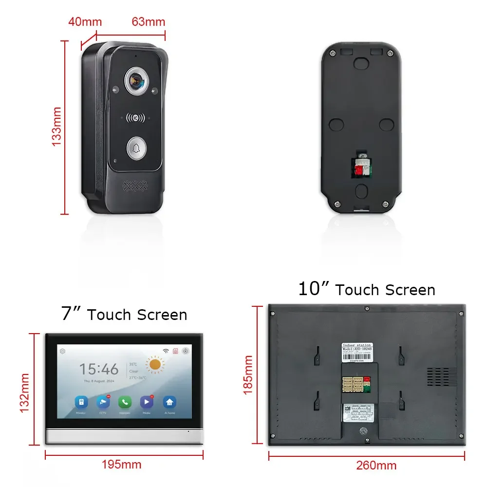 Tuya Smart WiFi video intercom product size and specifications for 7/10 inch indoor monitor