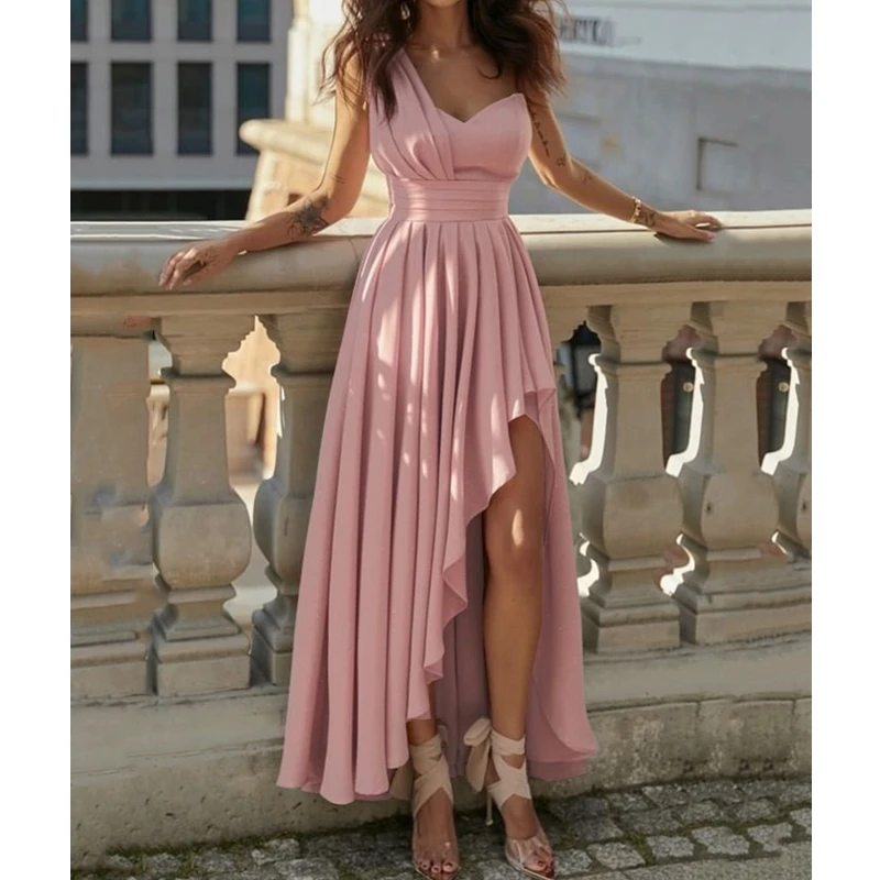 

Summer Dress Sexy High Waist Pleated Irregular Dress Women One Shoulder Sleeveless Slash Neck Backless Slim Solid Color Dress