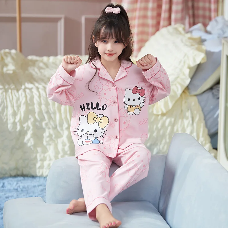 

Sanrioed хлопковые детские пижамы oroll Kuromi Hellokitty детская повседневная Весенняя домашняя пижама с длинным рукавом одежда для сна для девочек