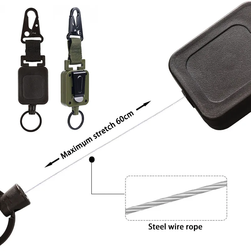 Duty Metal Retractable Carabiner Keychain Belt Outdoor Reels Eagle Beak Buckle Reinforced Steel Wire Easy Pull Back Clip 60cm