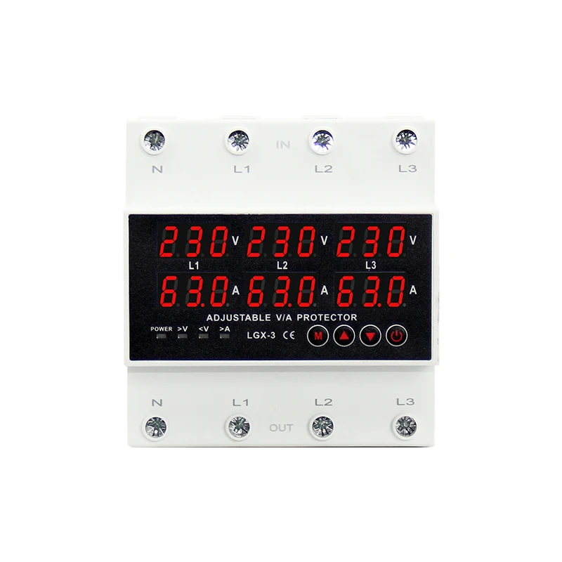 Voltage Meter 3P+N Din rail Voltmeter Ammeter adjustable Over and Under Voltage current limit protection Monitor Six Digital Display