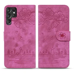 Charming Cat Flower Flip Wallet Phone Case - Samsung S22 (Pink)