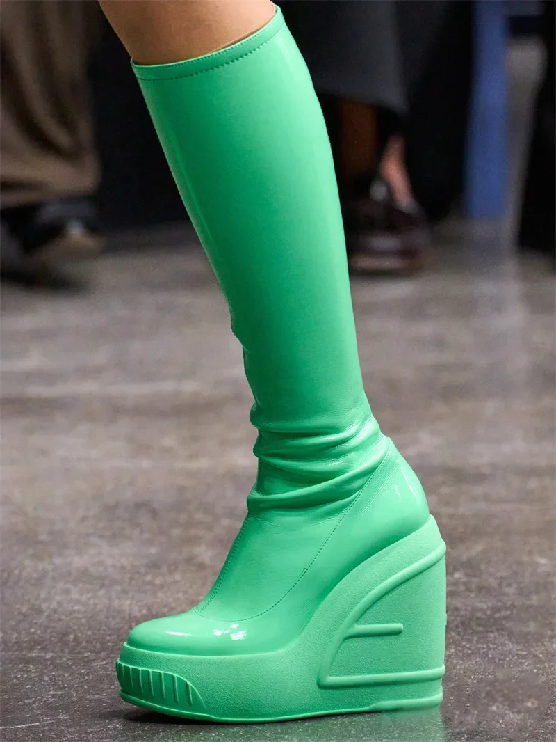 2024 Spring New Slope Heel Thick Bottom Round Toe High Heel Boots Fashion Sexy Cross-border Women's Plus Size Knee-high Boots