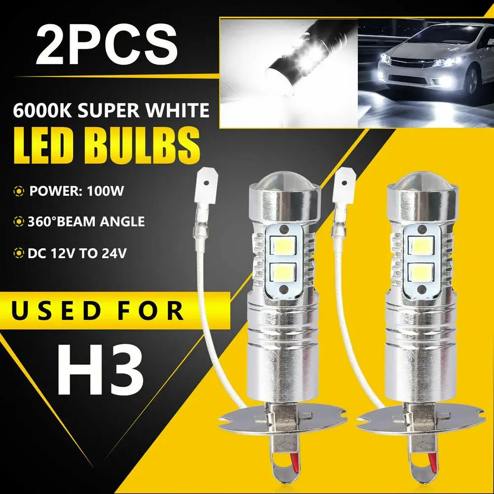 

2 Pcs Car H3 LED Fog Light Bulb Conversion Kit DC 12V-24V 100W 360 Degrees Super Bright Canbus 6000K White Car Light Bulb