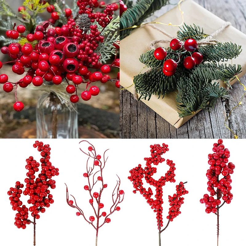 20 Pieces Artificial Pine Picks, Red Berry Stems with Snowflakes Flocked Holly Mini Artificial Pine Branches for Christmas Tree Decorations DIY Crafts