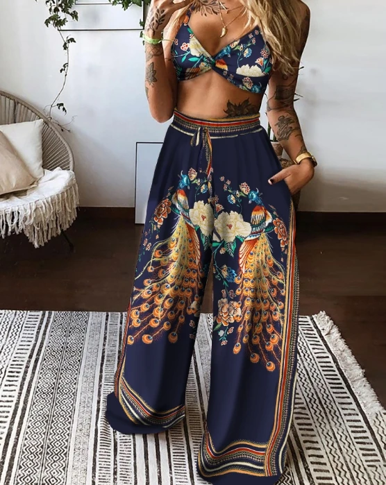 Two Piece Set Women Outfit 2024 Summer Peacock Print Twisted V-Neck Suspender Top & Casual High Waist Pocket Wide Leg Pants Set peacock feathers neck strap lanyard keychain mobile phone strap id badge holder rope key chain keyrings gift webbings ribbons