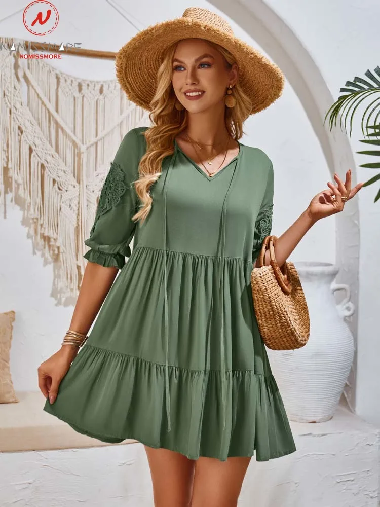 

Fashion Women Solid Color A-Line Dress Shrinkage Design Embroidery Decor V-Neck Half Sleeve Loose Waist Slim Mini Dress