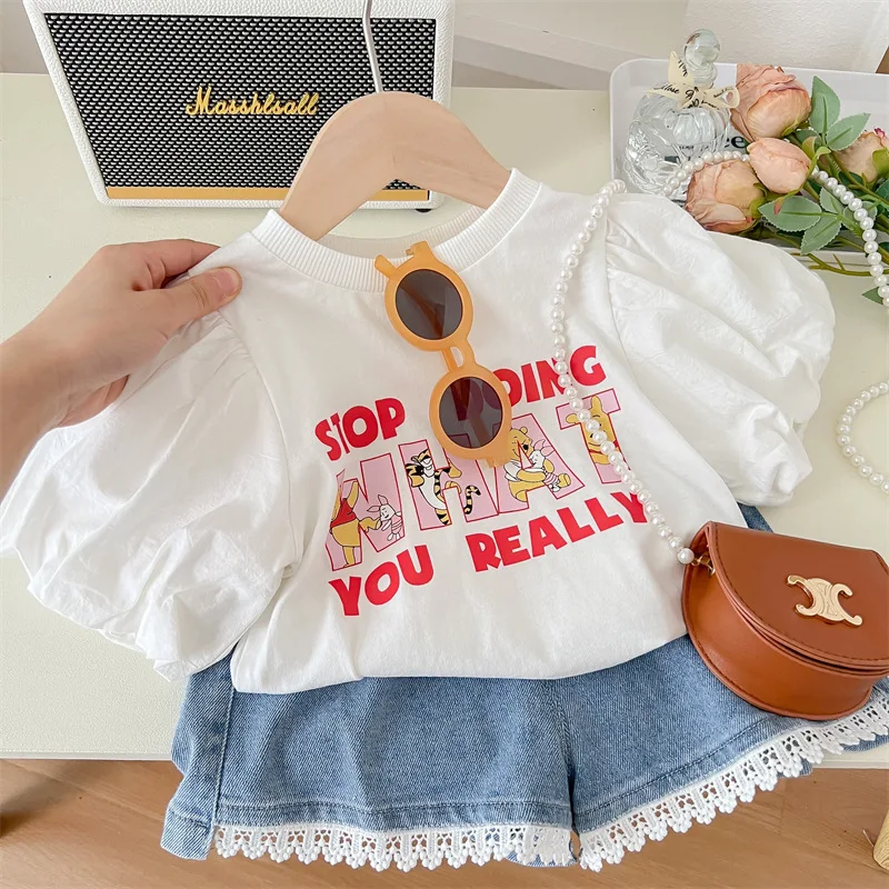 

Girls' Clothing 12M-8Y Children's Short Sleeved T-shirt Baby Summer French Bubble Lantern Sleeve Top