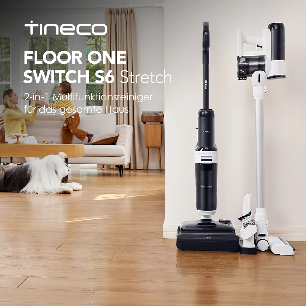 Tineco Floor ONE Switch S6 Stretch Wet Dry vacuum cleaner, 180 ° Lay Flat, Anti-Tangle, 85 °C Quick Dry, 40min Wet vacuum cleaner, 50min vacuum cleaner, 21kpa double edge cleaning the whole House & under furniture